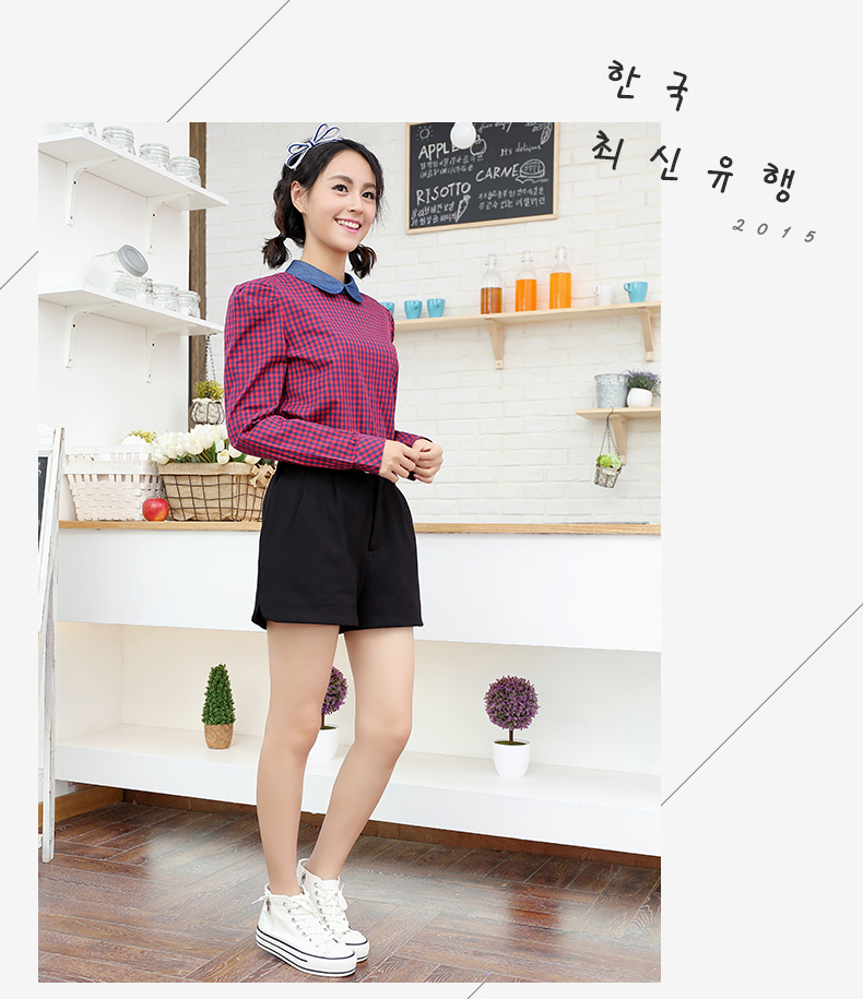 潮流前线 新款娃娃领衬衫女长袖显瘦套头格子衬衣学院风 宝石蓝 M