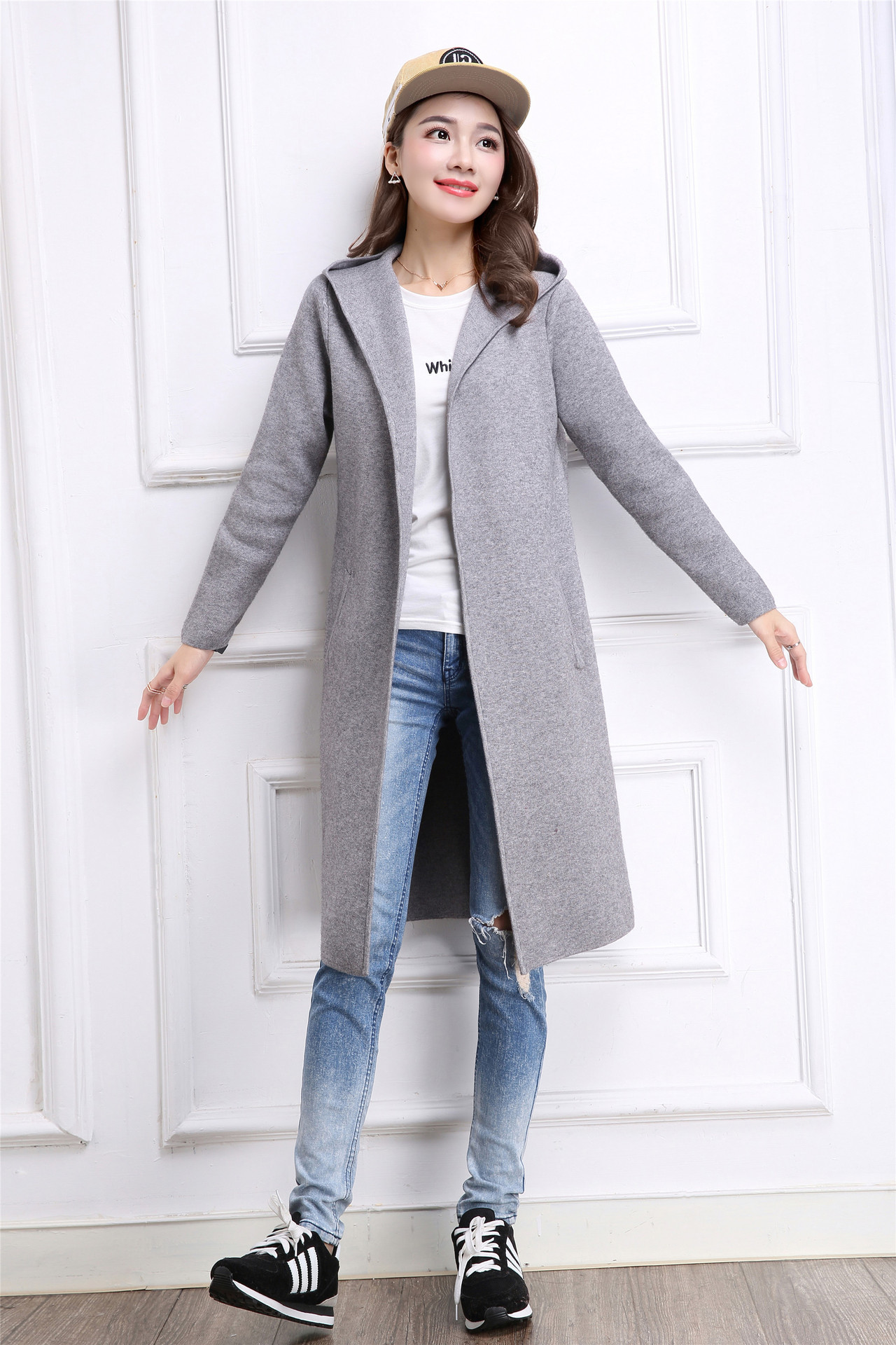 锐彧服饰2016春季新款韩版连帽薄款修身中长款女式大衣外套针织开衫