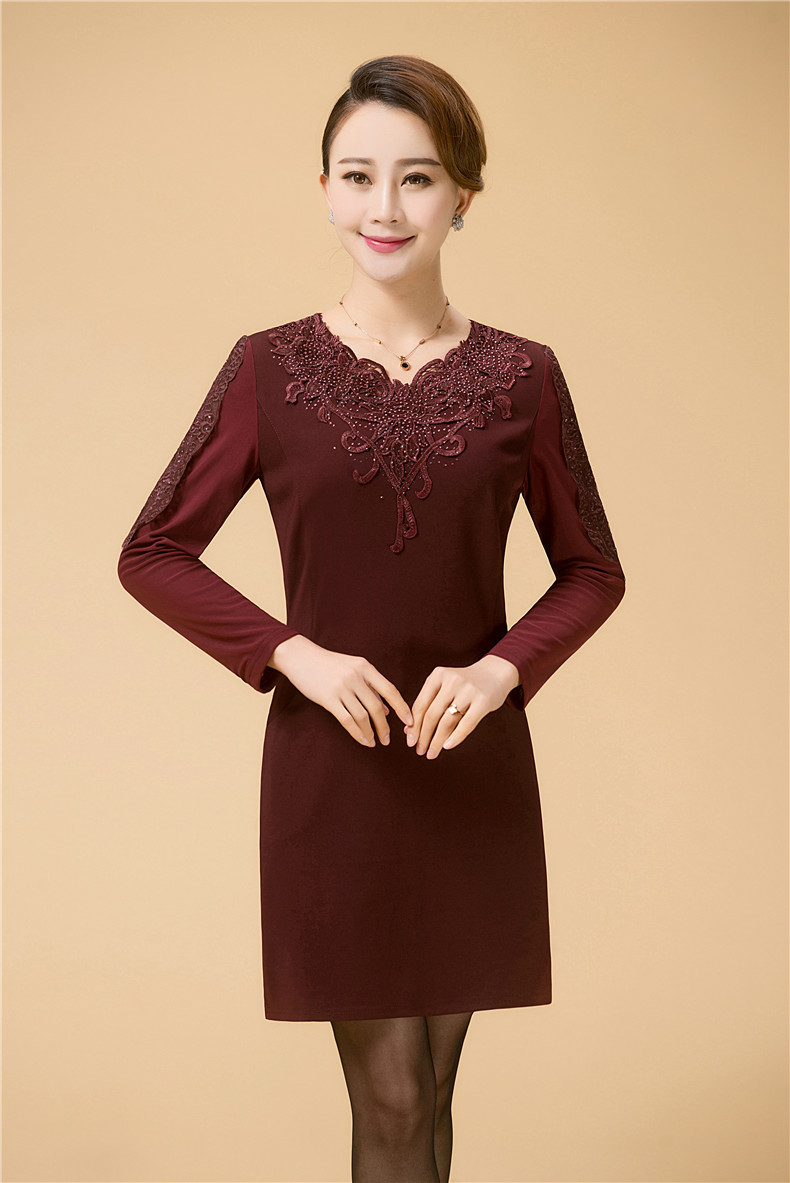 qinqing2016春季修身显瘦烫钻绣花长袖连衣裙 高档春秋气质中年女装