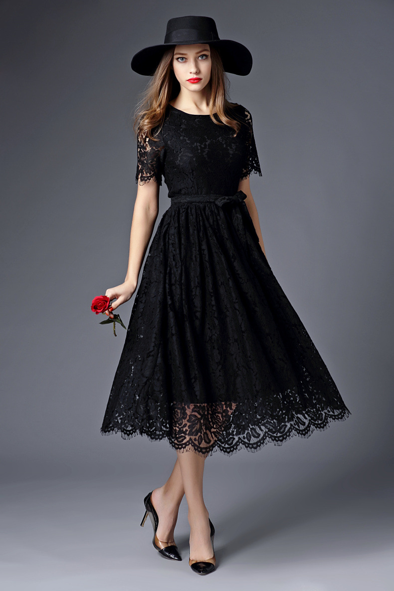 锐彧服饰欧洲站2016春装新款蕾丝连衣裙欧美气质黑色显瘦大摆中长裙女