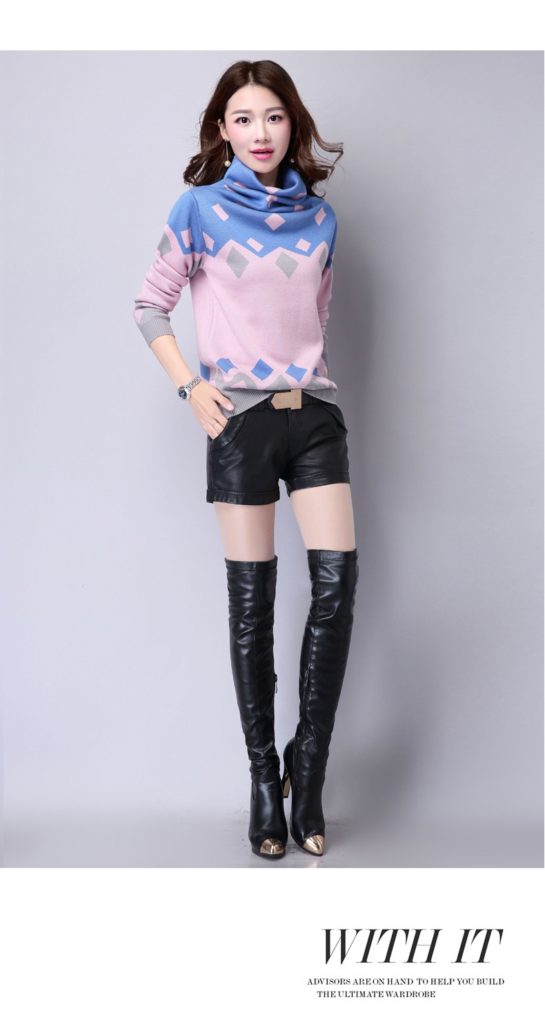 卡美秀2015冬季新款女装堆堆领针织衫宽松花色套头长袖女毛衣冬款打底衫 浅紫 M