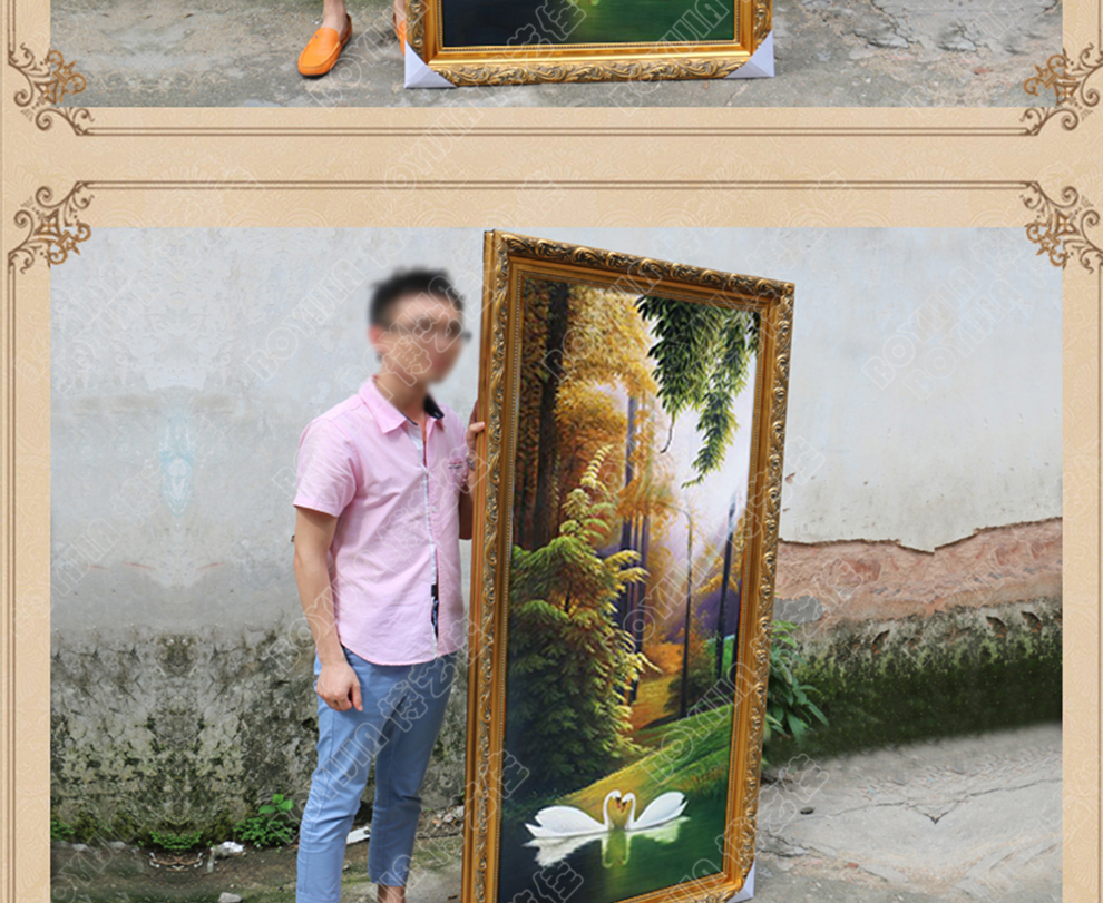 
                                                            博艺佳 欧式手绘风景油画玄关装饰画过道竖版挂画天鹅湖壁画定制 B宫殿金框 60CM*120CM                