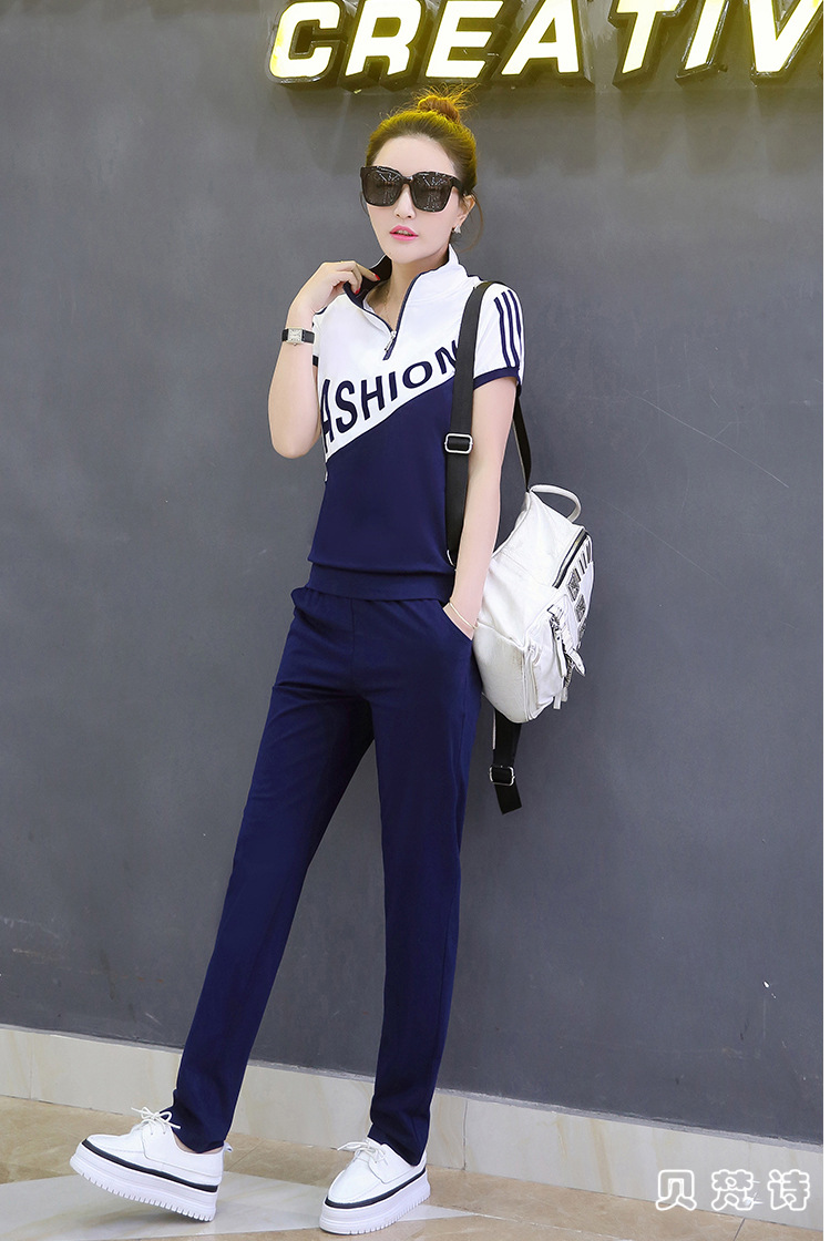 贝梵诗夏季运动套装女装夏天少女孩衣服女生初中生韩版立领拼接撞色
