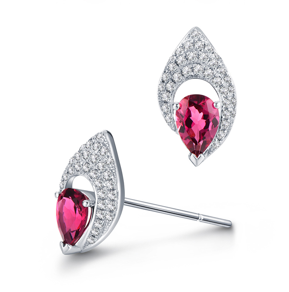 恒久之星18k金镶嵌碧玺耳钉104克拉红碧玺钻石耳钉钻石碧玺耳钉红色