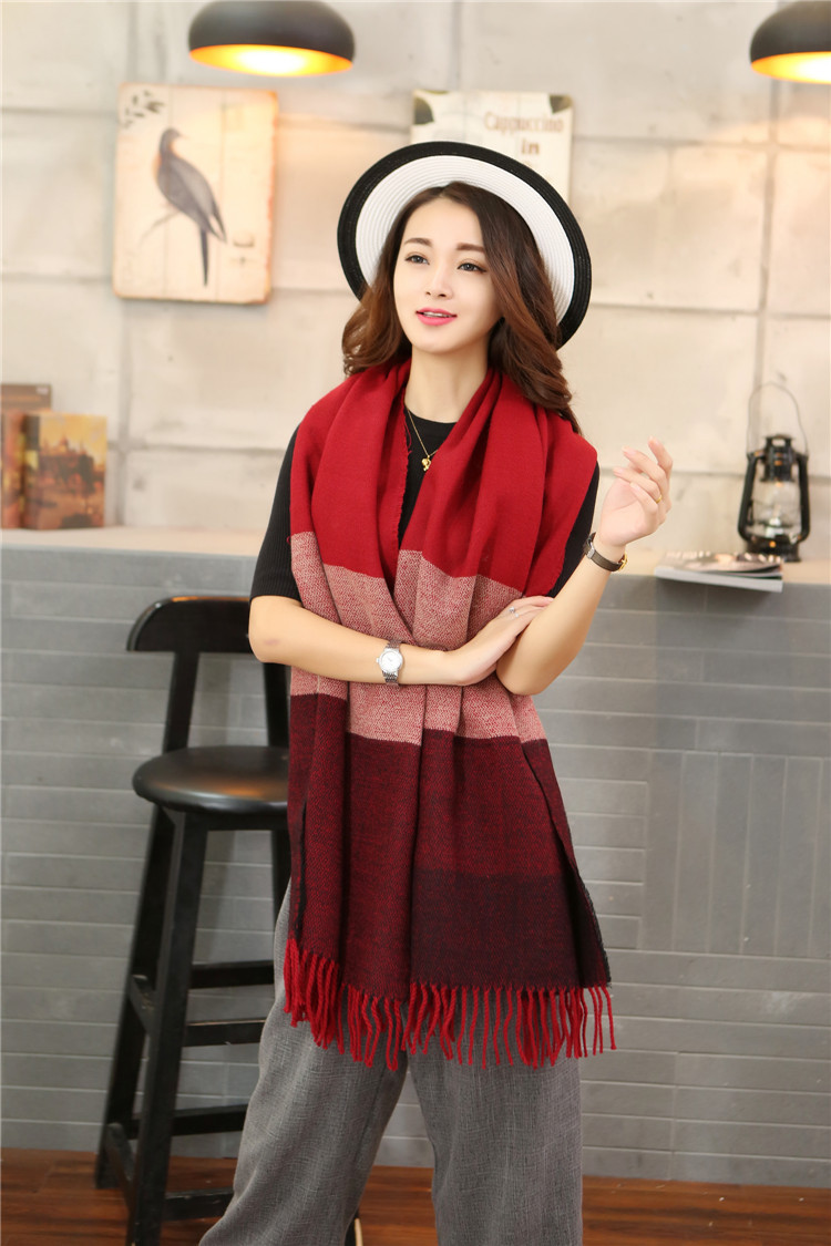 2015新款围巾秋冬新款彩虹条纹大加厚保暖仿羊绒披肩围巾 玫红