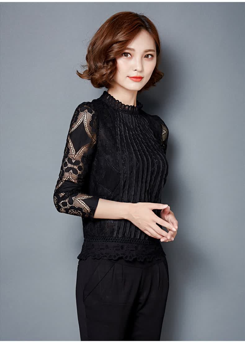 裙彩阁镂空蕾丝打底衫女新款韩版长袖半高领女蕾丝上衣6655 黑色 2xl
