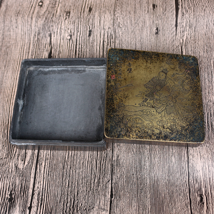 文房四宝书法毛笔用品仿古做旧老铜墨盒收纳盒大号墨匣 包浆老