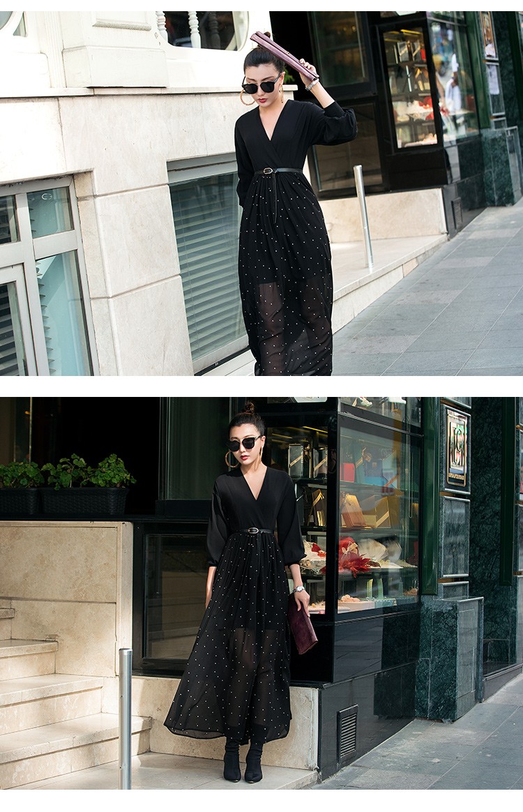 威娅纪波点连衣裙2018新款女秋装名媛飘逸显瘦复古雪纺气质长裙 黑色