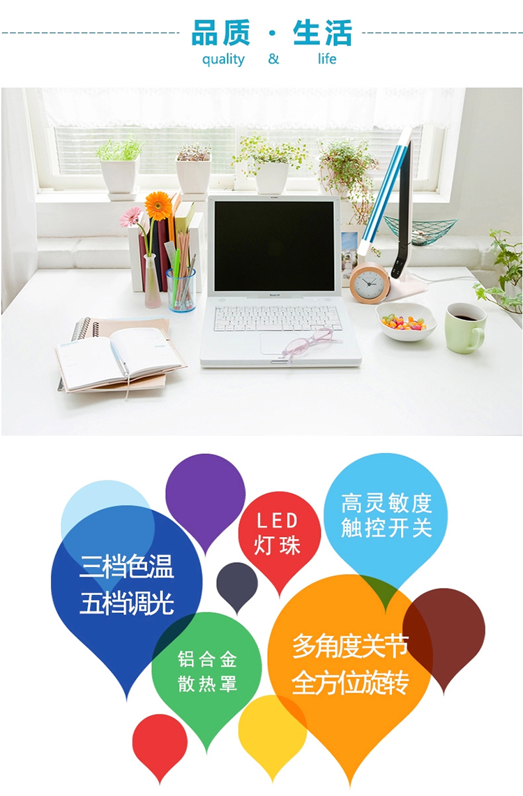 
                                        一米青品 LED台灯护眼灯学习工作儿童学生书桌阅读灯触控触摸调光 创意折叠床头灯 10W台灯 调光调色 蓝色                