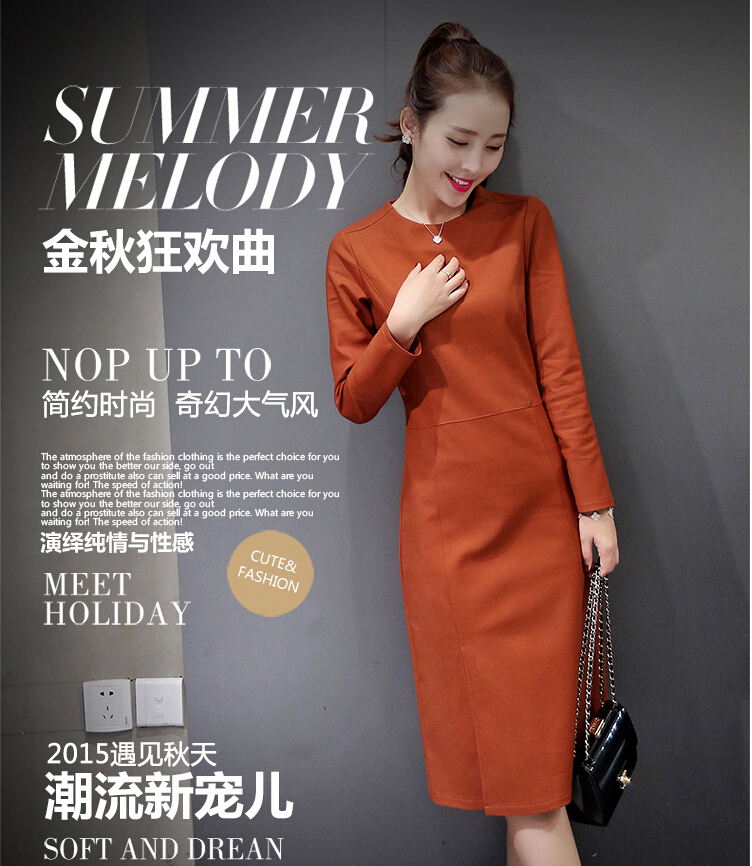 梵倲2015秋冬新款女装韩版修身a字长袖连衣裙秋中长款大码包臀针织裙XF08 铁锈色 L