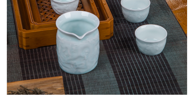 永和春 景德镇陶瓷功夫茶具套装 八头 雕刻 影青双龙