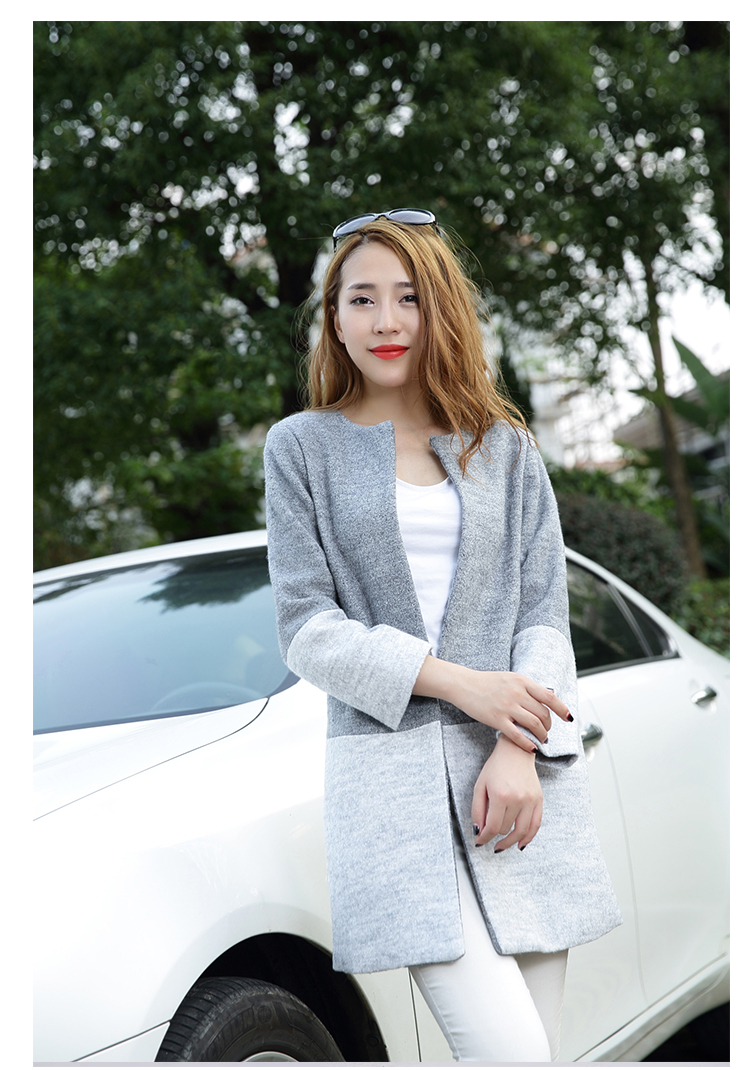 初琴静雪2015秋新新品女装韩版时尚撞色拼接毛呢大衣显瘦中长款毛呢外套女 秋1113 蓝黑 M