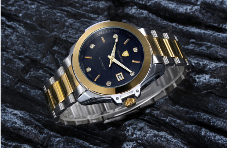 运动户外装备男式手表全自动机械防水男表 间金黑 如图