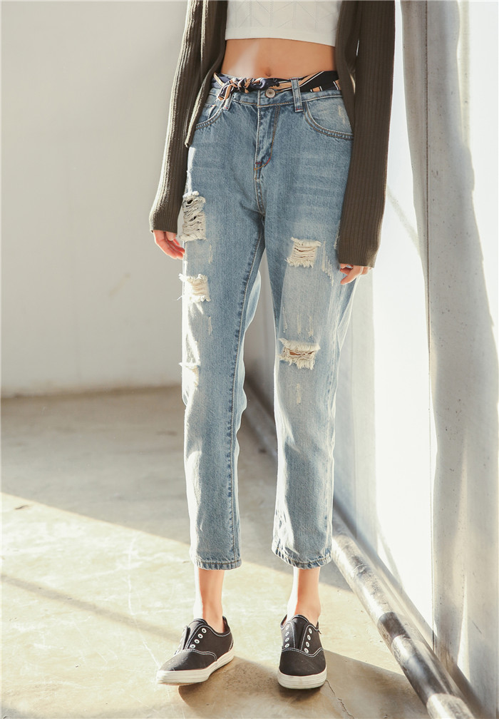 优果贝尔牛仔裤女破洞 2016韩版宽松显瘦乞丐裤 浅蓝 30