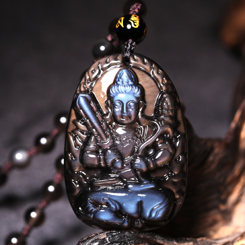 慈灵阁 蓝眼冰种黑曜石本命佛项链 生肖属牛守护神吊坠虚空藏菩萨