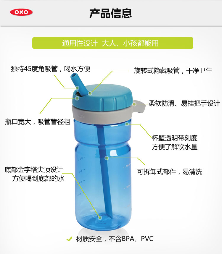 
                                        美国进口OXO奥秀成人/宝宝通用500ml旋转盖吸管杯9101900 蓝色                
