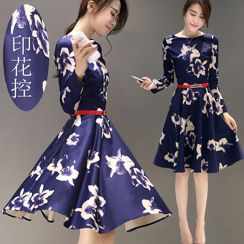惜筠 2016秋冬季新款女装韩版时尚印花修身显瘦中长款连衣裙X0615 图片色 M