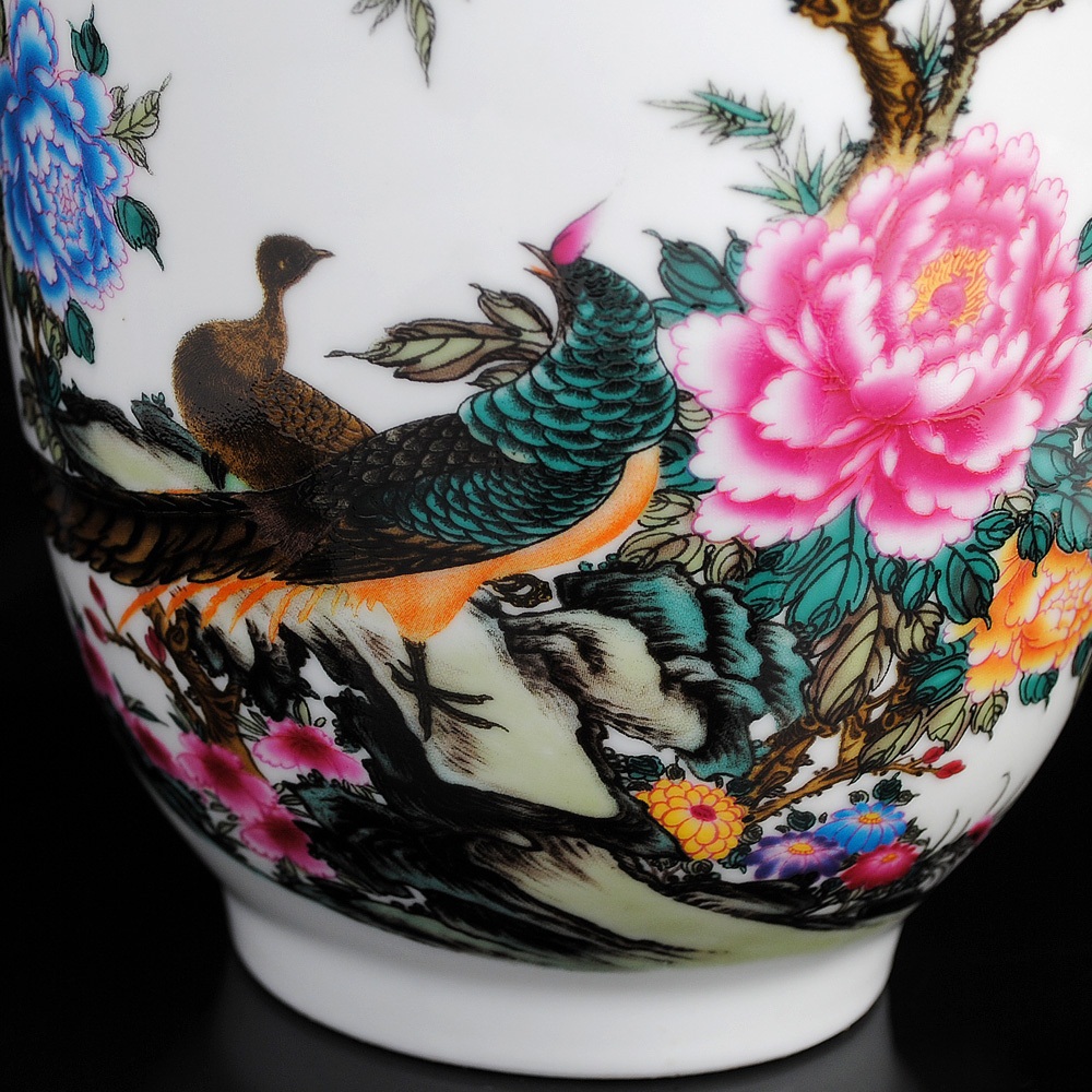 景德镇陶瓷器 粉彩牡丹花瓶 锦鸡小冬瓜瓶 现代时尚家居装饰摆件