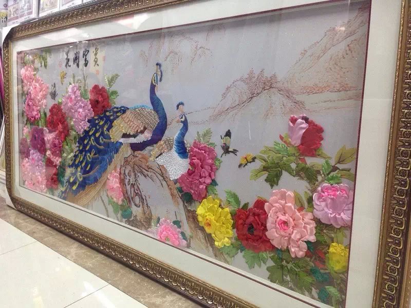 
                                                            悠趣 手工绣丝带绣套件 3D彩印大幅客厅挂画 花开富贵 孔雀牡丹图 大版200*90cm                