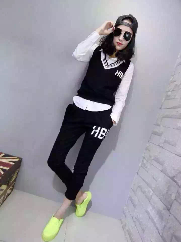 全美高丝欧洲站时尚休闲三件套装 个性背心+衬衣+小夸裤 黑色 M