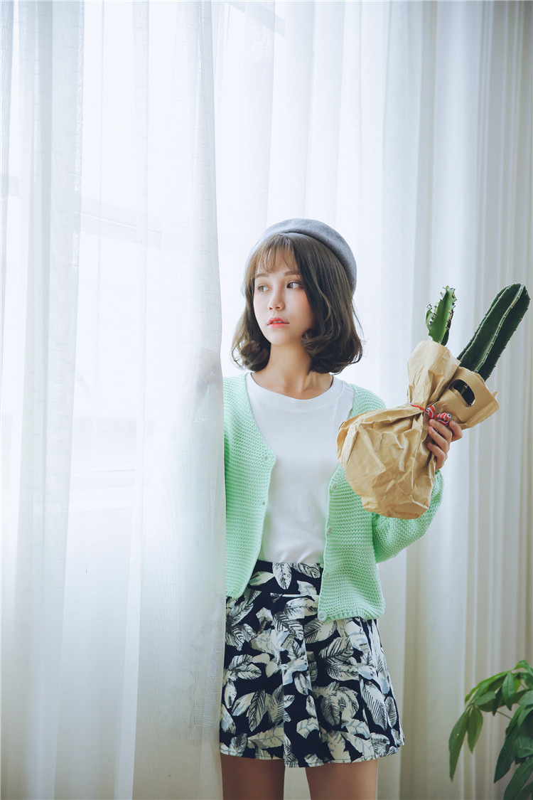范力思 2015秋冬新款糖果色针织毛百搭开衫+印花半身短裙套装 糖果色树叶印花裙 均码