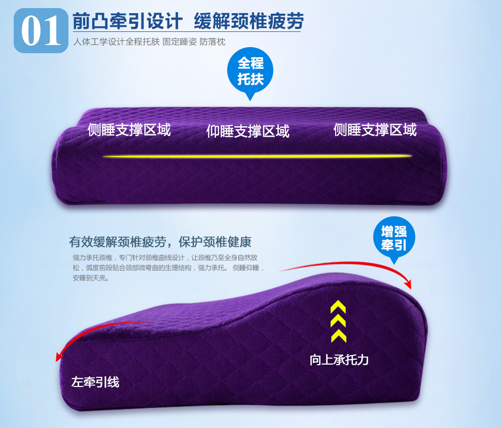 梦忆枕头波形慢回弹记忆枕护颈枕芯 经典护颈枕-紫色 多功能