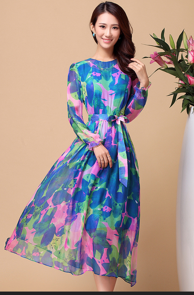 雅婷店2016春装新款女装真丝连衣裙印花大摆波西米亚长裙(f203) 晴光