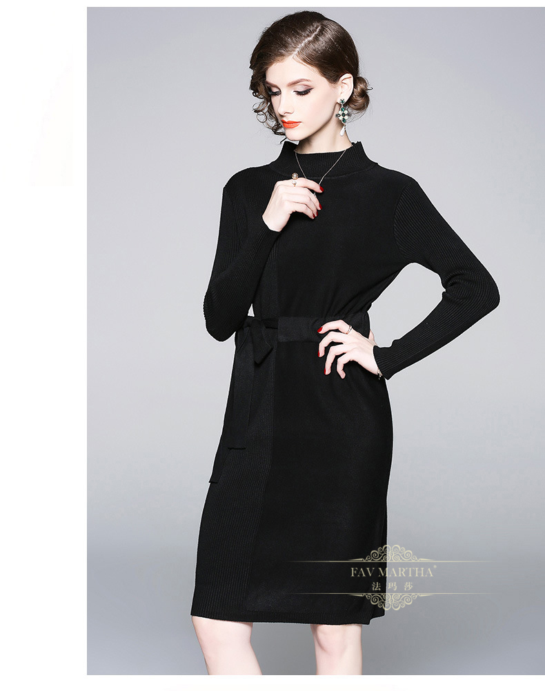 法玛莎轻奢品牌女装2018秋冬新品长袖针织连衣裙女气质通勤系带裙子