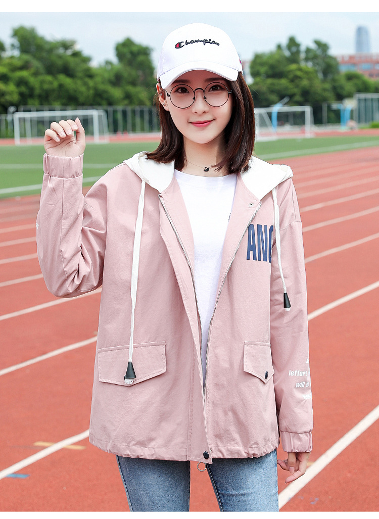 简米朵初高中学生印花连帽棒球服女2021春秋季新款少女学院风宽松百搭