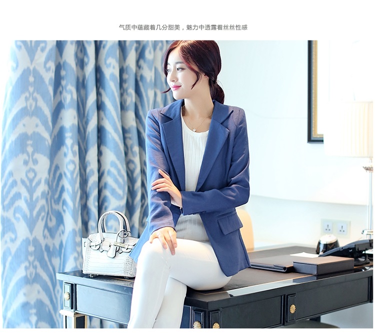 
                                        棉麻小西服女短款2015秋装新款西装外套一粒扣韩版休闲女式小西装 浅蓝色 L                
