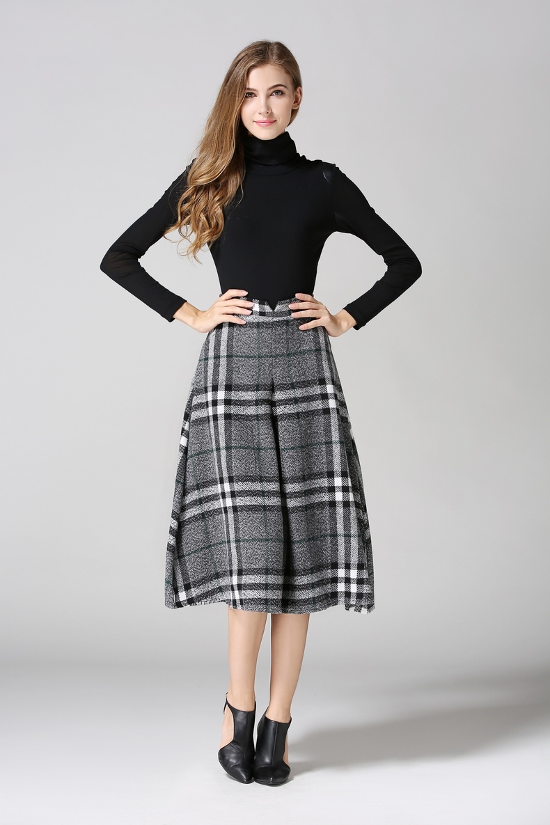 昕汐&冬新款女文艺复古羊毛呢格子长裙显瘦大摆裙半身裙#8825 灰色 xl