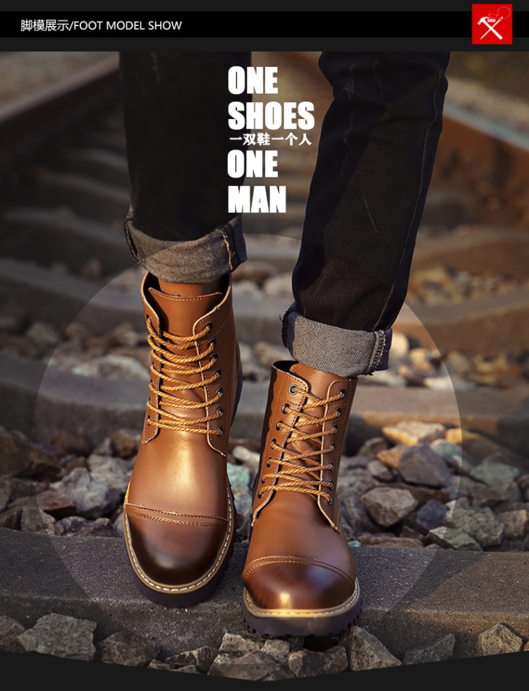 运动户外 头二层皮大头男靴 橡胶圆头纯色 马丁靴运动鞋包 黑色 41