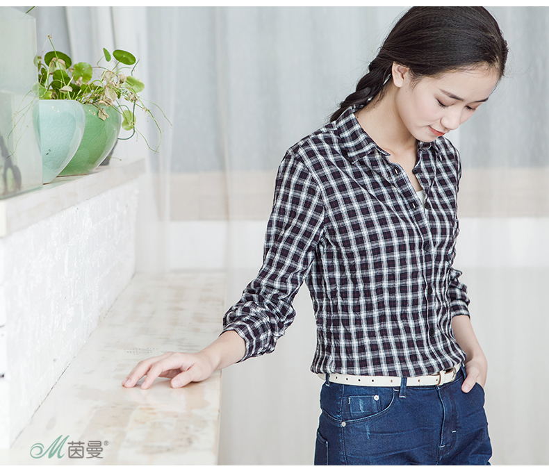【初冬特惠】茵曼2016秋装新款文艺长袖格子衬衫百搭长袖衬衣女【8530110567】 咖啡-绿 M