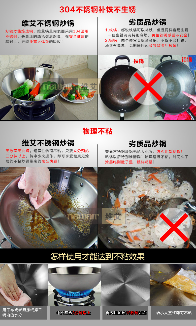
                                        维艾炒锅不粘锅电磁炉不锈钢无油烟炒菜锅无涂层无烟不沾锅具32cm                