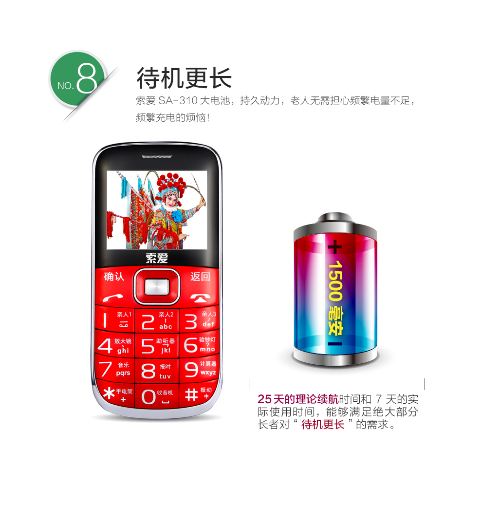 索爱 SA-310 移动/联通2G 直板老人手机 黑色