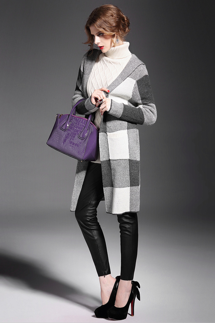 郁渟服装*2015秋季新款女装 时尚长袖开衫格纹连帽直筒型女式针织大衣