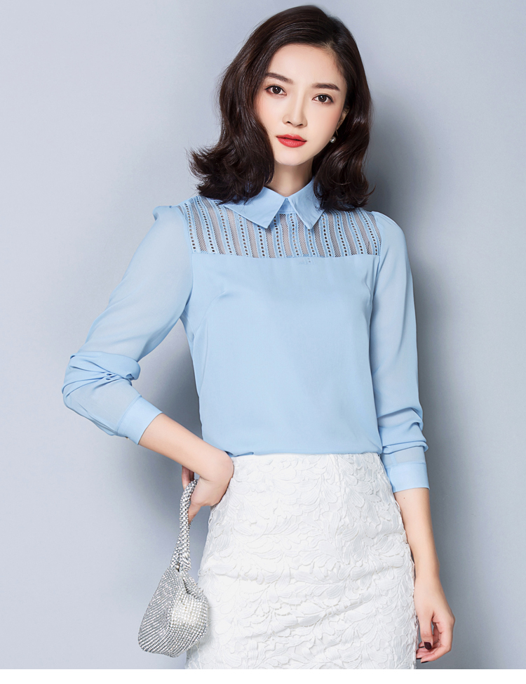 蒂嗒嗒（Di.dada）2016春季新品女装娃娃领长袖宽松显瘦蕾丝拼接雪纺衫DSD882 浅蓝色 M码