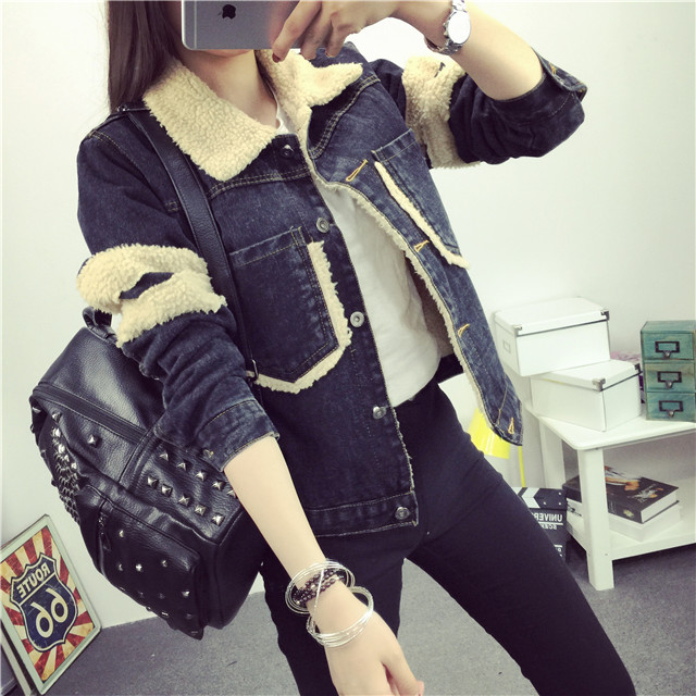 Laconemon 2015秋冬新款牛仔外套女韩版加绒长袖单排扣 蓝色 XL