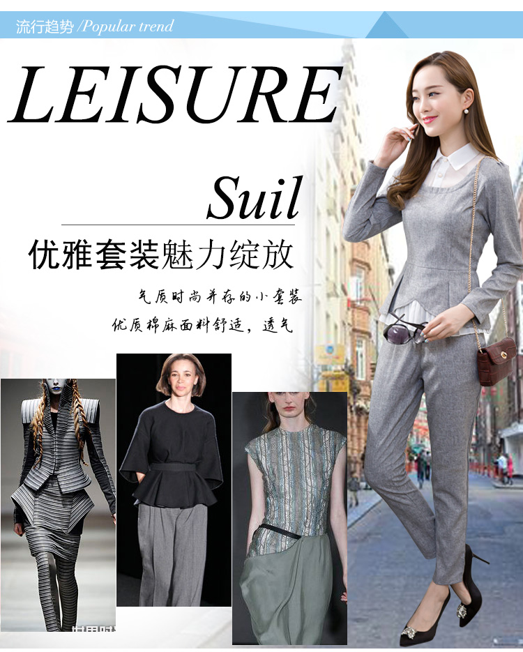 璐奕诗 2015秋款气质修身上衣小脚裤长裤两件套 浅灰色 L