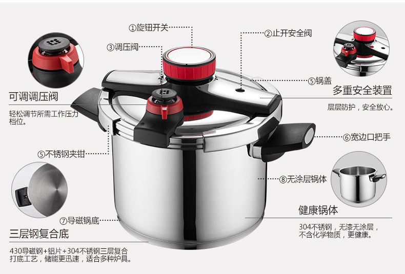 
                                        德世朗不锈钢电压力锅高压锅6L多用汤锅电磁炉明火通用DSL-G032B                