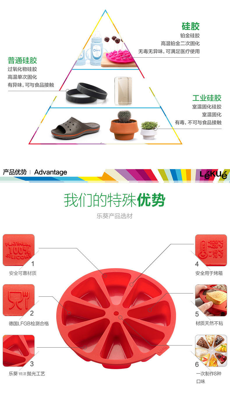 
                                        LEKUE/乐葵 烘焙工具 八分司康三角形蛋糕模具 不粘硅胶烤箱模具                