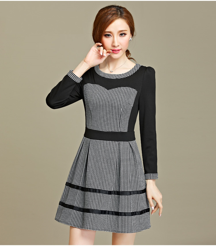弗莎朵 2015秋装新款胖mm大码女装千鸟格胖妹妹显瘦长袖连衣裙 图片色