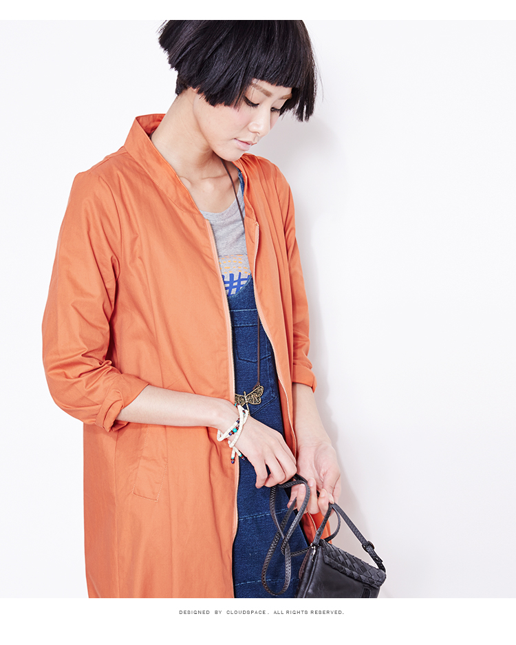 云上生活2016春季女装新款宽松立领风衣女中长款外套53W2834 桔红色 XL