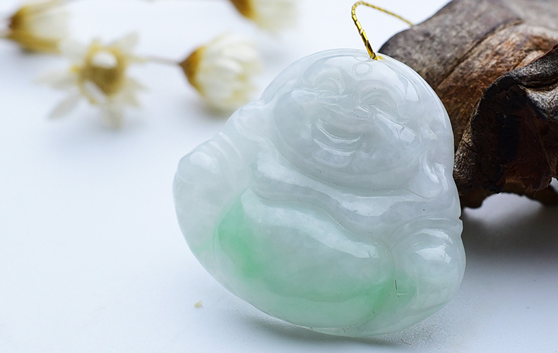 dxf828 聚聚买 天然缅甸老坑a货翡翠 白底翠大笑佛挂件带证书包邮