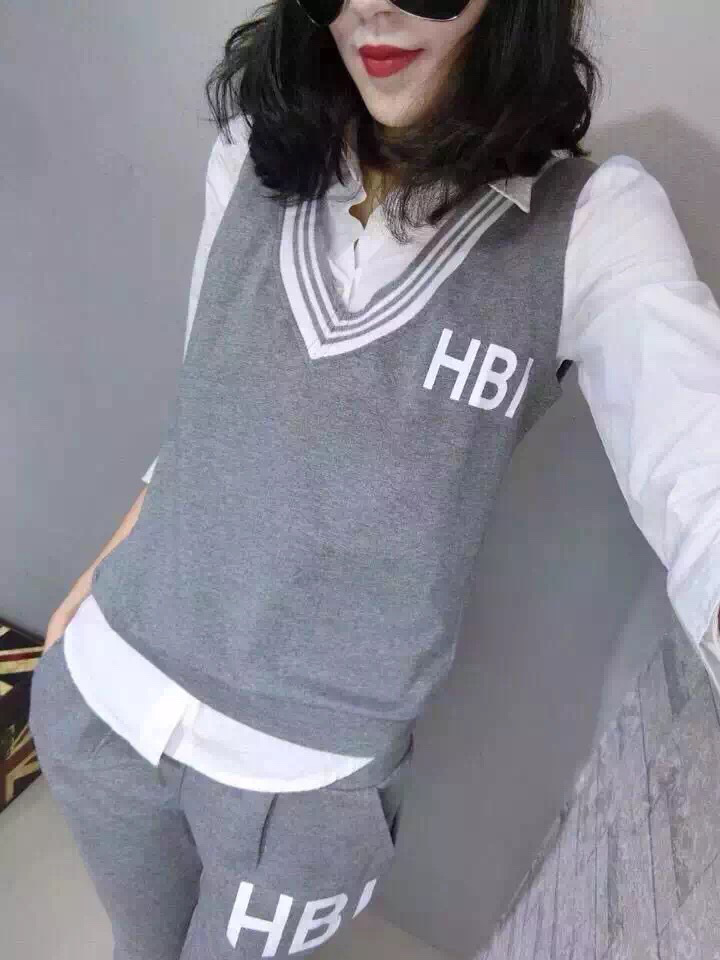 全美高丝欧洲站时尚休闲三件套装 个性背心+衬衣+小夸裤 黑色 M