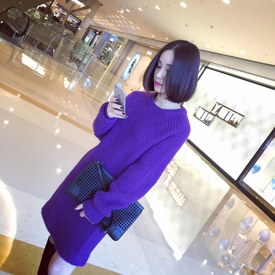 衣与草2016春季女装 针织中长款女套头韩版圆领针织上衣雪纺假 两件连衣裙 黑色 均码