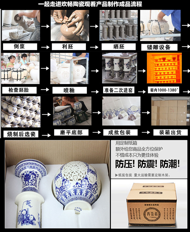 
                                        欢畅 花瓶摆件景德镇陶瓷电视柜书房客厅装饰青花 粉彩手工镂空 双层青花花瓶                