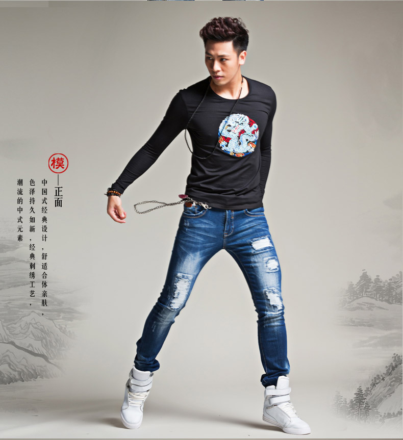 法玛莎2016春季新款男装上衣时尚休闲团龙刺绣圆领长袖潮t恤 蓝色 185