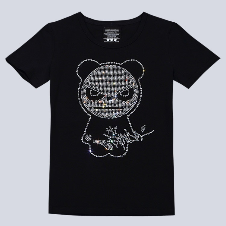 香港潮牌 春夏新款 烫钻愤怒的熊猫 男女短袖t恤 个性情侣装tee 黑色