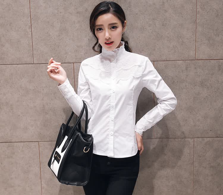 外莱依 立领白色长袖秋冬打底衫上衣 职业韩版蕾丝衫衬衣女 白色 s